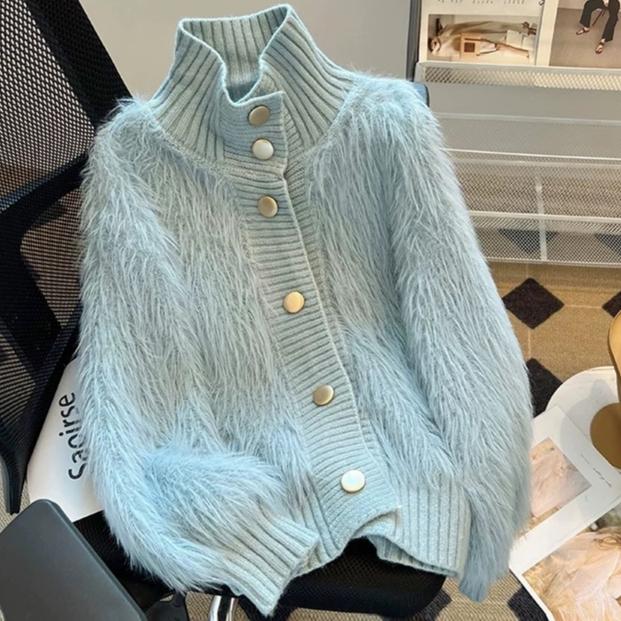 

Модный свитер из искусственной норки с воротником-стойкой, свободный топ, женский, осенне-зимний, корейский, мягкий, удобный кардиган, однотонное пальто One Size синий