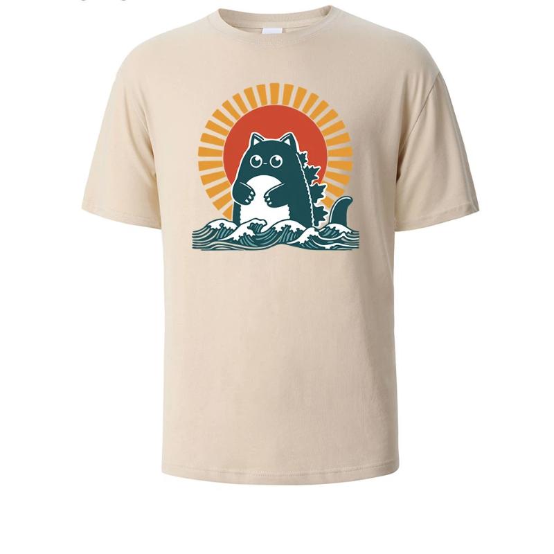 Cat Printed Soft Cotton Mens Tee Lightweight Breathable Minimalist Round Neck Design Comfortable Loose Fit Mens T-shirt