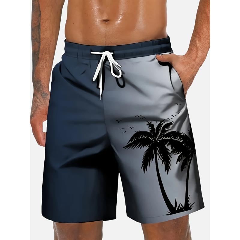 Harajuku-Style Coconut Tree Print Beach Shorts Summer Mens Palm Tree Gradient Surf Shorts Hawaiian-Inspired Cool Trunks