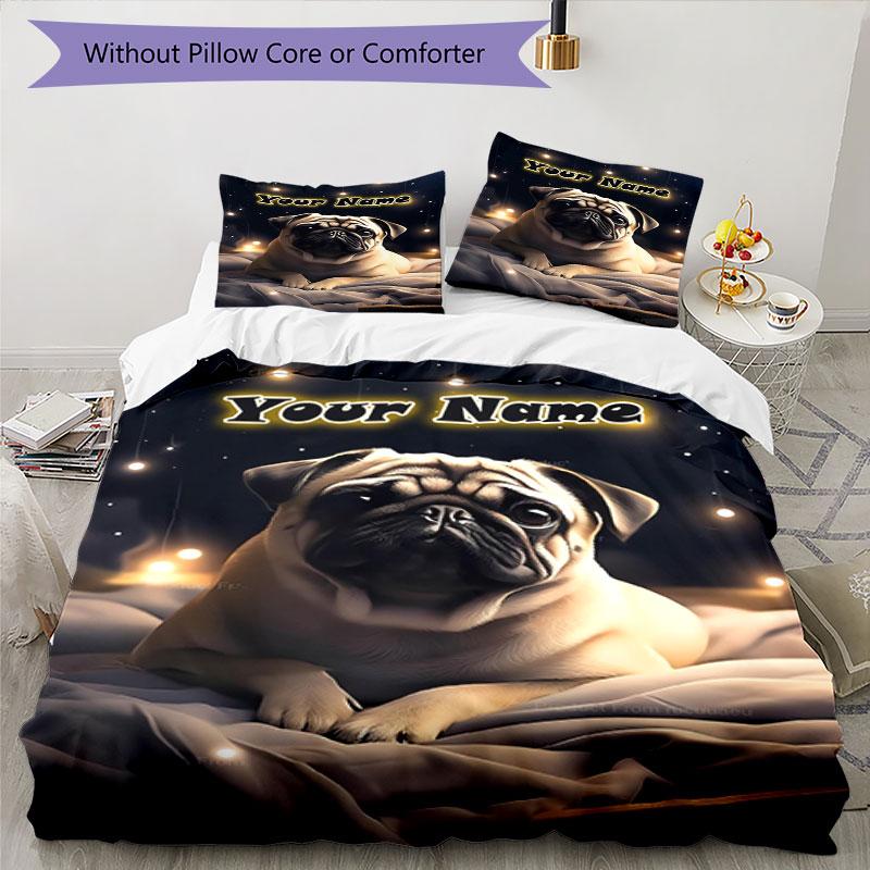 3pcs Custom Name "Starry Night Pug Dreams" Bedding Set Printed Bedding Set Duvet Cover Closure Includes 1 Duvet Cover & 2 Pillowcases Bedroom Decor