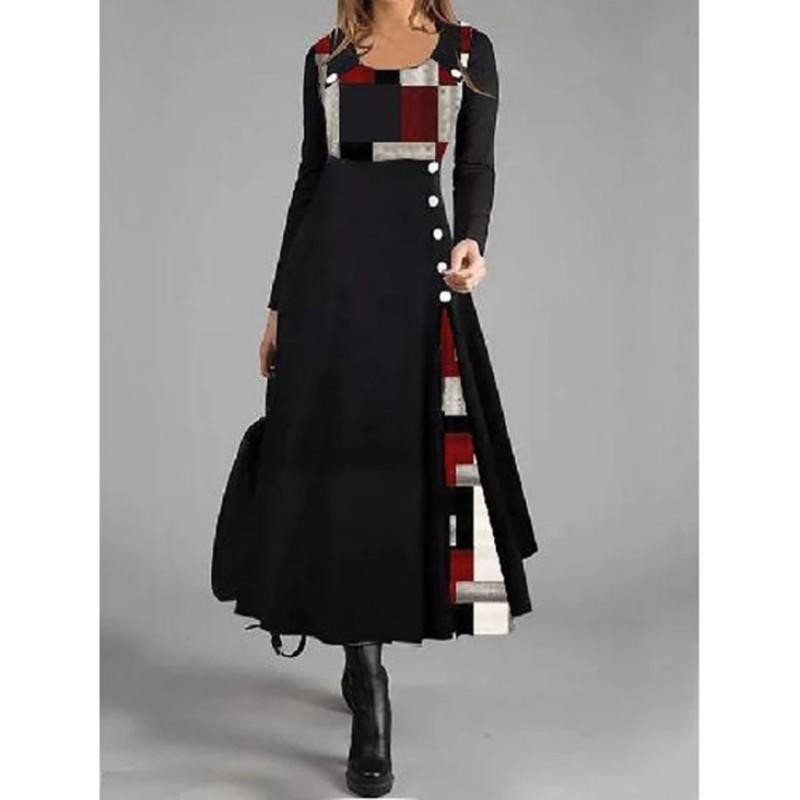 

Женское платье в стиле колор-блок с пуговицами спереди, круглым вырезом, длинными рукавами и полной юбкой 5XL чёрный