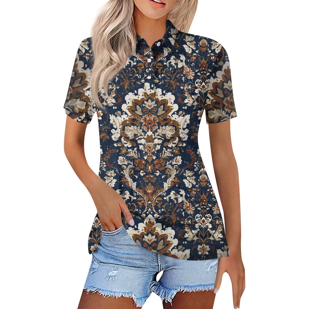Dámská móda Neformální košile s potiskem s klopou a krátkým rukávem Dámské topy se zapínáním na knoflíky