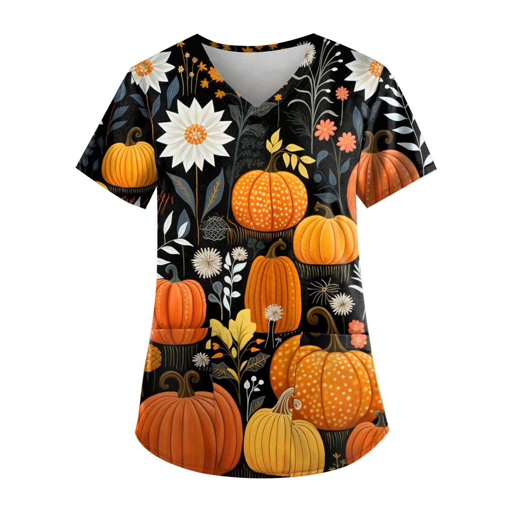Plus Size Halloween Printed Working Uniform Tops For Women V-Neck Short Sleeve T-Shirts Workwear Tee With Pockets