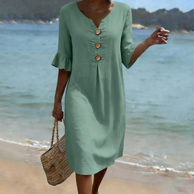 Robe décontractée d'été unie à boutons et manches courtes pour femmes