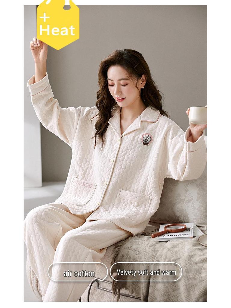 Couple's Warm Cartoon Pajamas Set: Thick Cotton, Korean Style, for Women & Men, Autumn/Winter