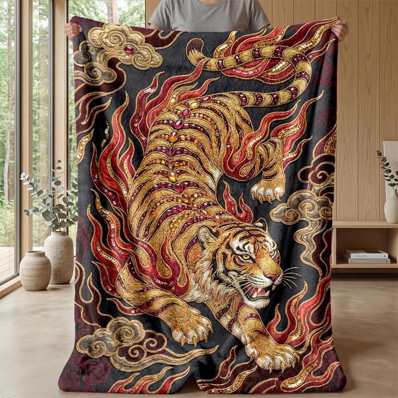Golden Tiger Majesty Theme Blanket Lightweight Warm Flannel Blanket Decorative Throw Blanket for Home Decoration