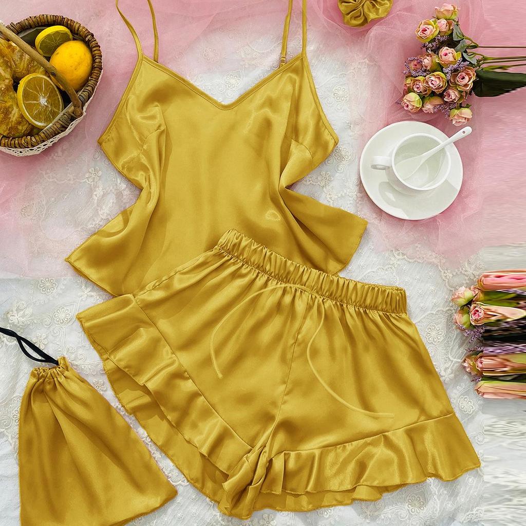 Women's Casual Ice Silk Three-Piece Set: Backless Camisole & Shorts Pajamas