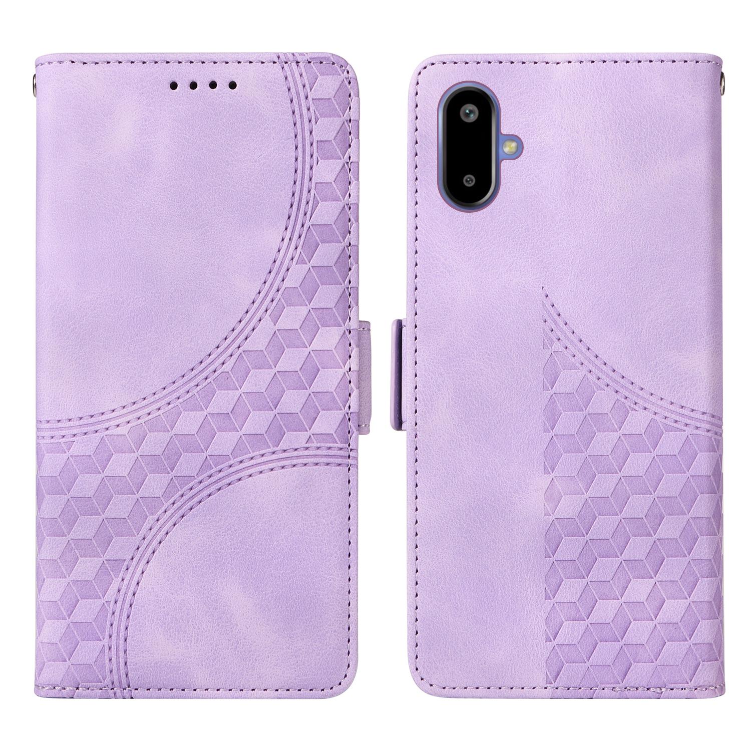 

For Samsung Galaxy F06 5G Leather Cases Wallet Rhombus Imprinted Phone Cover Stand with Strap Purple