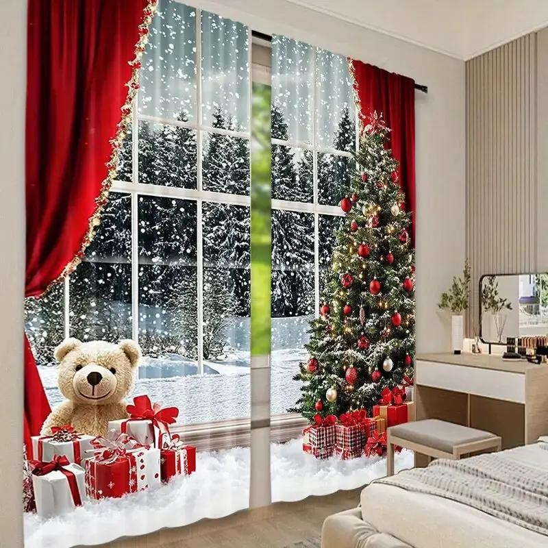 Snow Scene Tree Pattern Printed Curtains Christmas Decorations Home Room Curtain Set Of 2 Made Polyester Washable