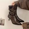 Belt Buckle Mid-Tube Boots Fashion Pointed Toe Sleeve Anti-Slip Wear-Resistant Slim Heel