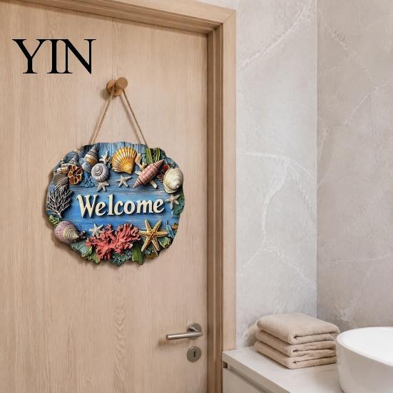 Summer Beach Party Decorations Coastal Wooden Wreath, Ocean Welcome Sign, Starfish Shell Nautical Handmade Sign Front Door Hanger for Porch,