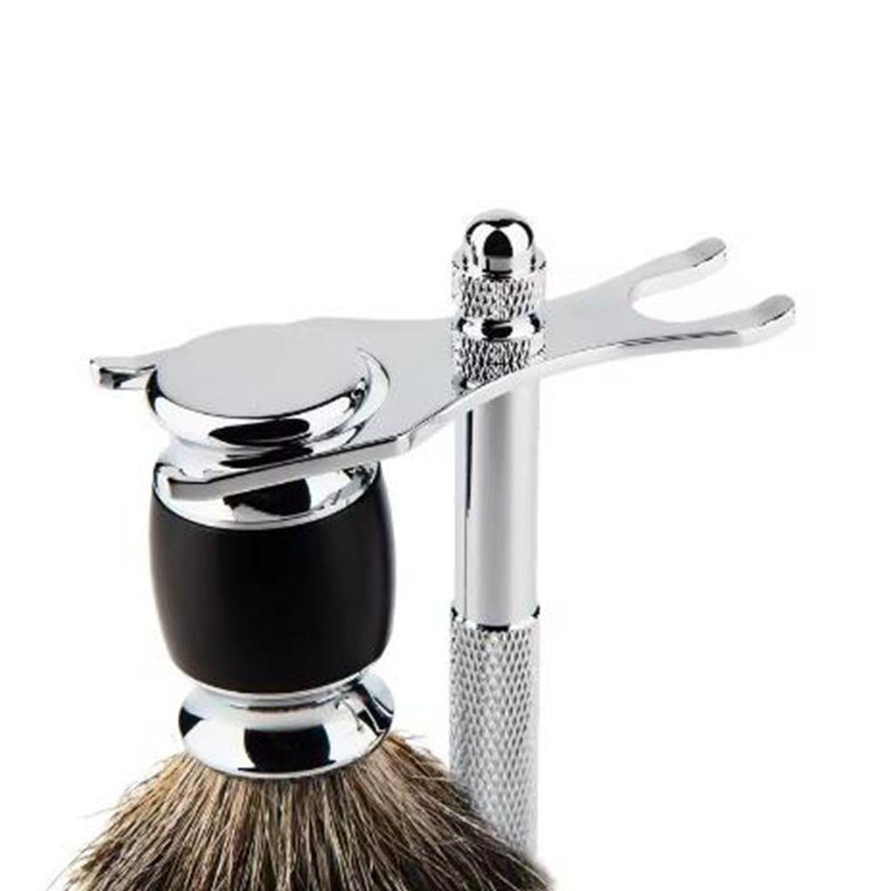 Alloy Construction Razor and Brush Stand Weighted Bottom Extra Wide Openings Shaving Brush Stand Safety Chrome Finish