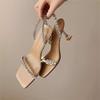 Sandals women's summer 2025 new transparent one-word with rhinestone high heels square toe nude thin heel cool slippers