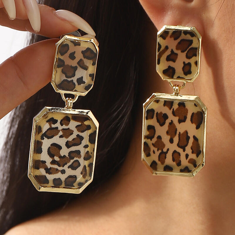 Geometric Oval Square Leopard Print Drop Earrings for Women Ladies Trendy Street Style Exaggerated Pendant Earrings Jewelry Gift