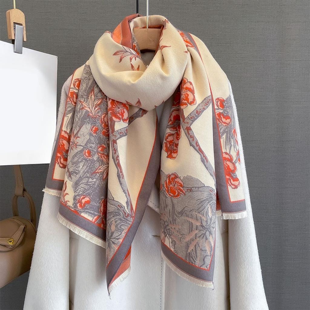 65*185Cm Warm Thickened Scarf For Women Long Tassel Pashmina Floral Shawl Faux Cashmere Warps Autumn Winter Blanket For Daily