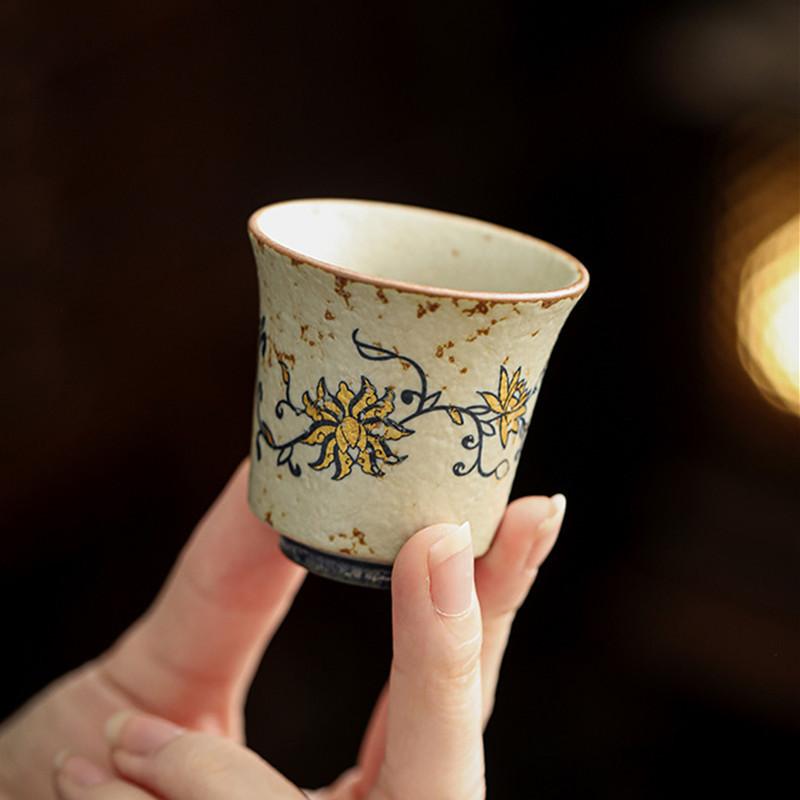 1 Pc Chinese Vintage Ceramic Tea Cup Handmade Flower Pattern Tea Bowl Household Master Teacup Travel Personal Teaware 35ml