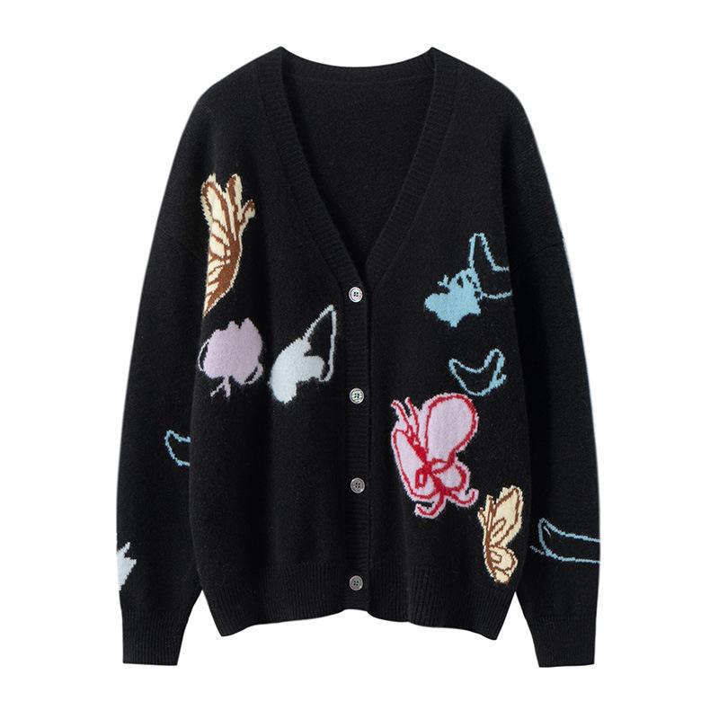 New Round Neck Heavy Industry Jacquard Cashmere Shirt Women'S Round Neck Color Matching Thread Pullover Loose Sweater Embroidered Knitted Sweater