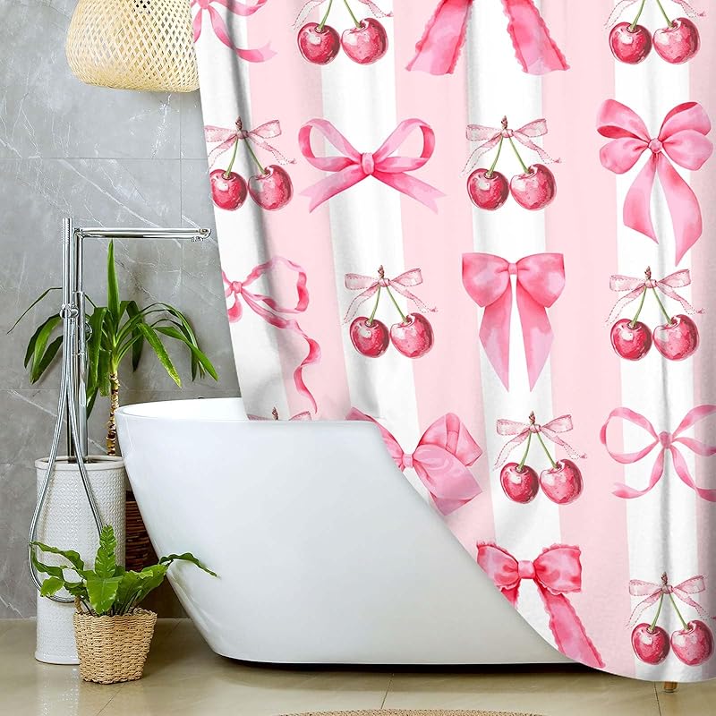

Pink Fruit Shower Curtain, Red Cherry Bow Aesthetic Watercolor Bathroom Curtain,Bowknot Princess Curtain Waterproof Polyester Washable with 12 70 W x 36 L (Pack of 1) красный