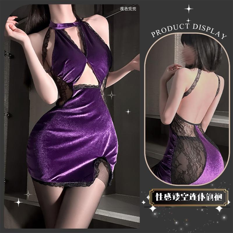 Sexy underwear sexy hot lace splicing velvet temperament gathering and thin purple classical neck cheongsam
