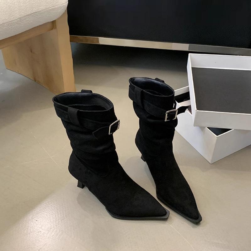 Retro Suede Pleated Piled Boots Women's 2025 New Belt Buckle Slim Mid-tube Boots Thin Heel Pointed High Heel Short Boots