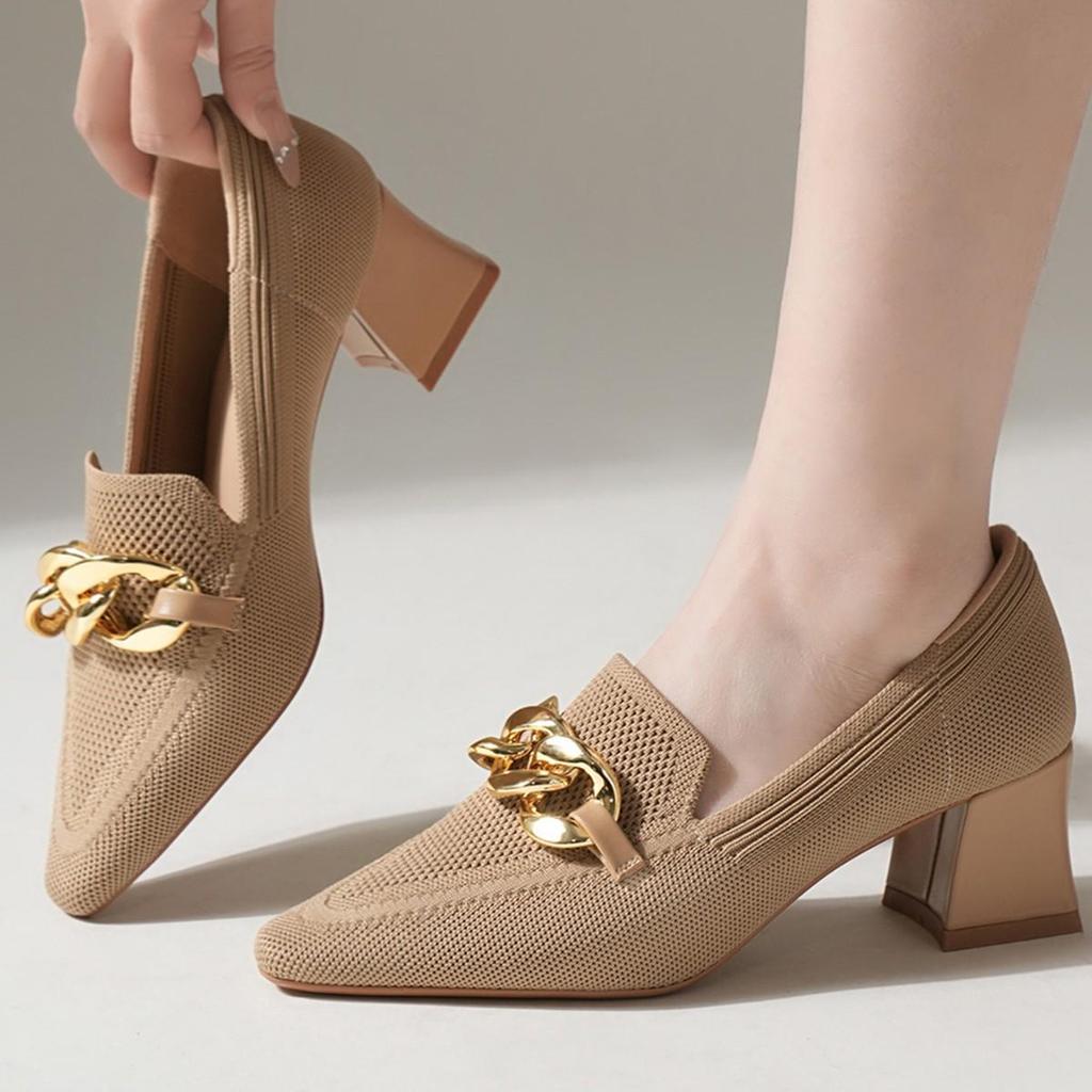 2026 European Style Flyknit Slip-on Loafers with Metal Decoration and Chunky Pointed Toe Heel
