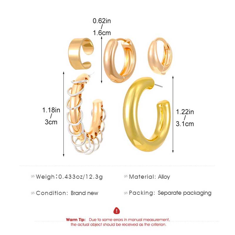 Vintage Gold Color C-Shaped Ear Clip for Women Exaggerated Metal Non-Piercing Ear Cuff Circular Earrings Party Jewelry Set Gifts