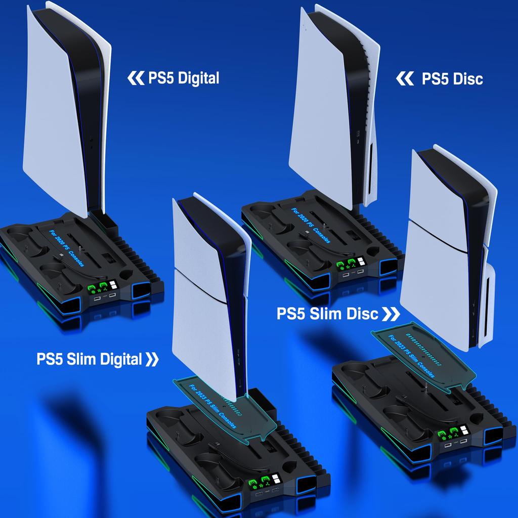 PS5 Slim Stand with RGB Vertical Stand for PS5 Slim Charging Stand for Slim Charging Two Controllers Compatible with PS5 Discs and Digital Cooling