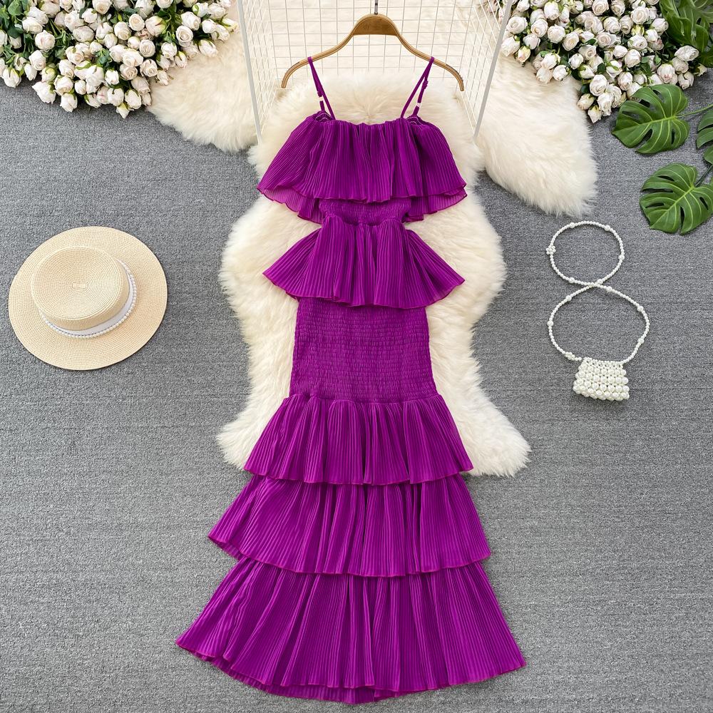 Women Hotsweet Chiffon Sundress Strap Cake Backless Sheath Bodycon Long Dress Vacation Retro Elastic Beach Dress