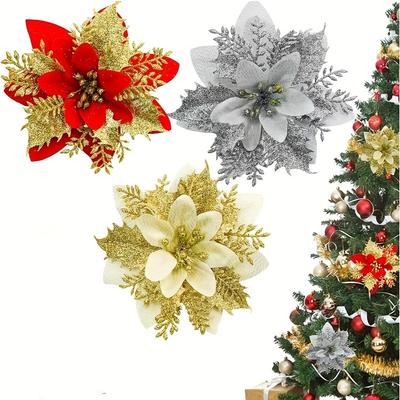 5/10Pcs Artificial Flowers Christmas Decoration Fake Flowers for Home Decor Christmas Tree Ornaments New Year 2025 Accessories