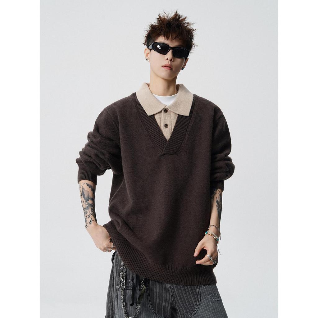 Vintage Style Men's Lapel Sweater: Patchwork Knitwear Pullover for Spring/Autumn
