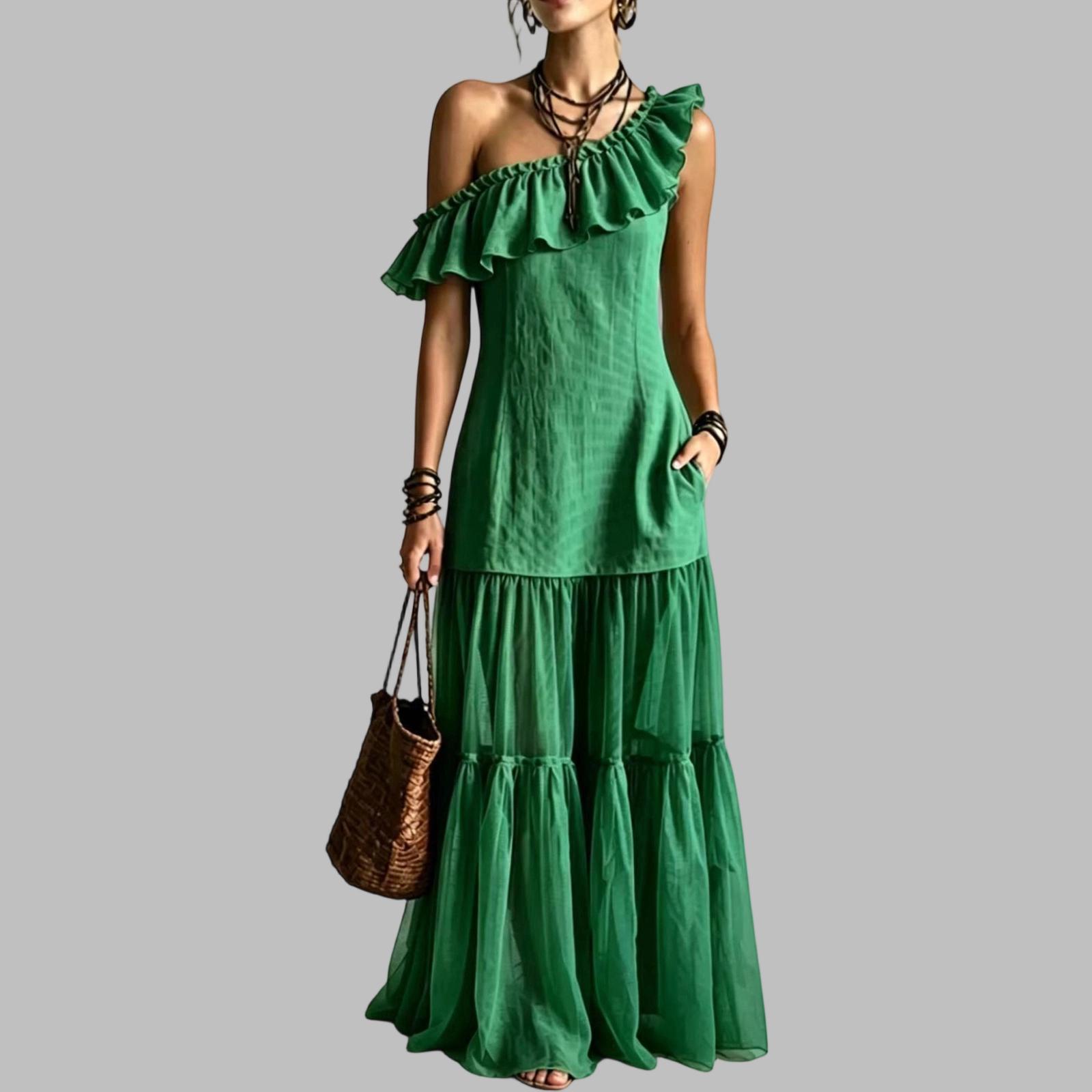 Women s Sleeveless Asymmetrical Neck Ruffle Dress, Summer Casual Dress XL зелёный