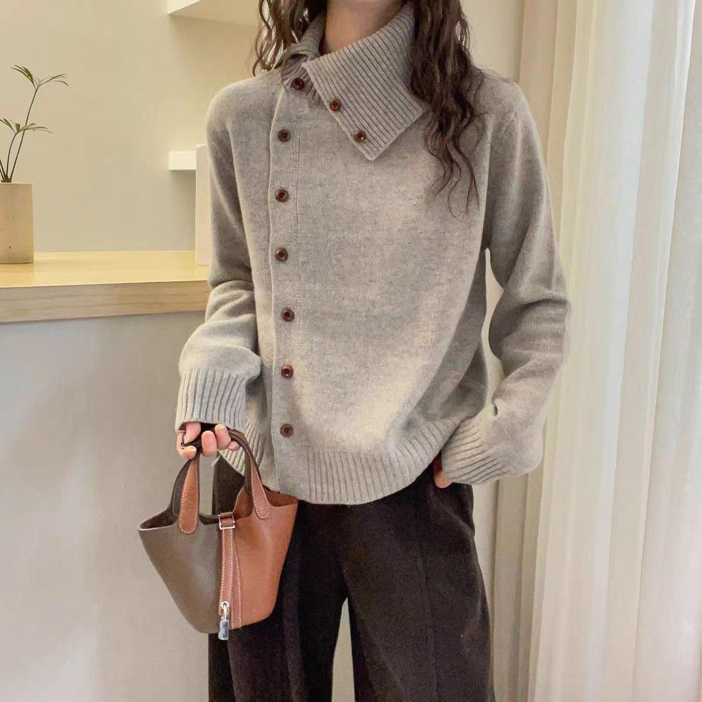 Autumn/Winter Women's 100% Wool High Neck Slanted Button Soft Knit Cardigan - Versatile Long Sleeve Sweater