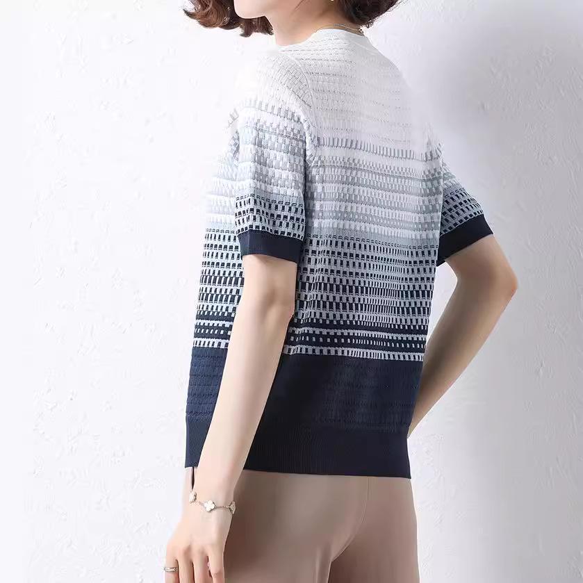 Women's Ice Silk Striped Short-Sleeve T-Shirt, Summer 2023 Style, Belly-Covering Top for Middle-Aged Mothers