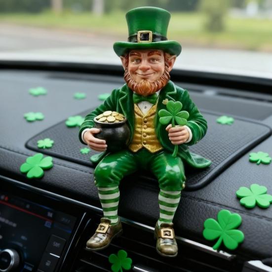St. Patrick's Day Leprechaun Figurine Small Lucky Shamrock Statue Resin Irish Clover Leprechaun Ornament for Car Dashboard Home Table Decor