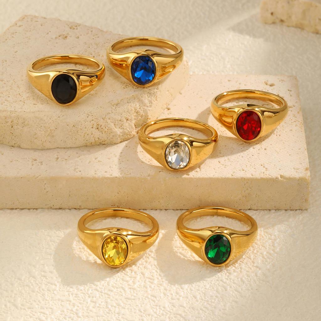 Oval Black/Blue/Red/White Zircon Ring for Women,Gold Color Stainless Steel Wedding Rings,Luxurious Jewelry Party Gift