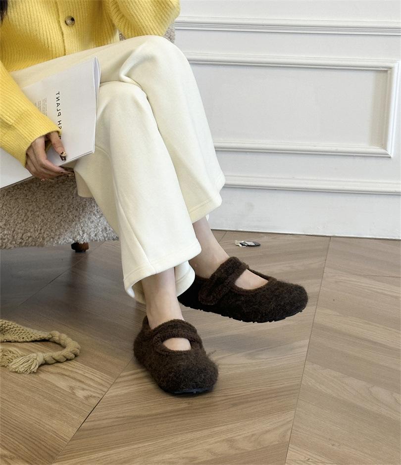 Velcro gray woolen shoes ugly cute shoes 4CM height increase 2025 winter round head woolen plush platform cotton shoes