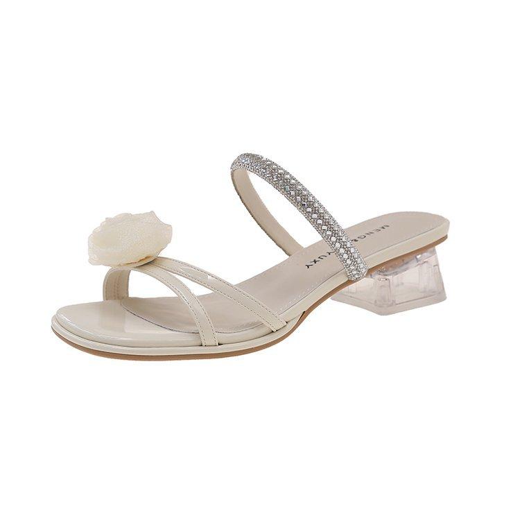 

[youshilai] thick heel cool slippers women s summer wear 2025 new temperament with skirt crystal sandals 40
