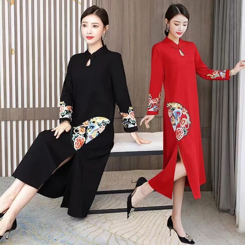 

Женская модифицированная юбка Cheongsam большого размера с вышивкой, весенне-осенние платья средней длины со свободным животом и вышивкой