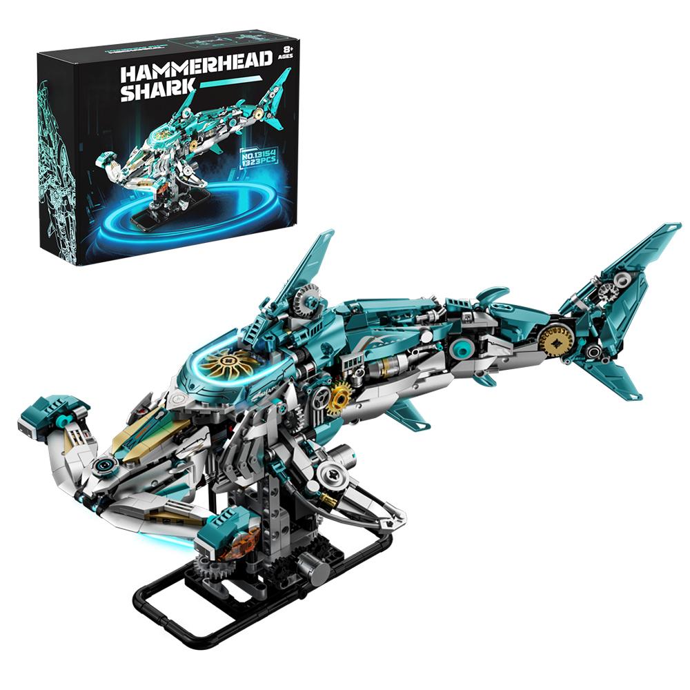 Hammerhead Shark Technical 1323pcs Building Blocks, Gear Linkage MOC Ocean Animal Model, 3D STEM DIY Desktop Decor Gift