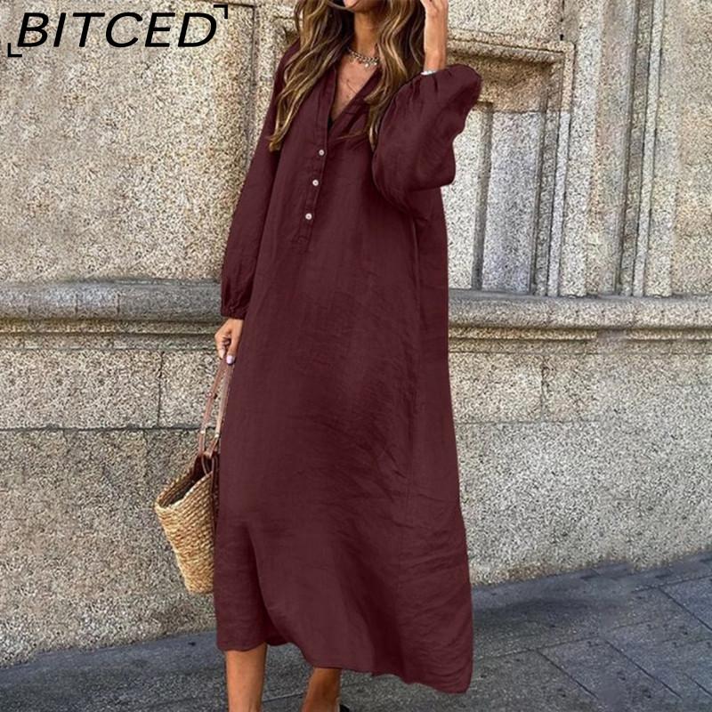 

BITCED Жіноча мода Весна-Осінь Однотонні повсякденні сукні з довгим рукавом і високою талією S бордовий