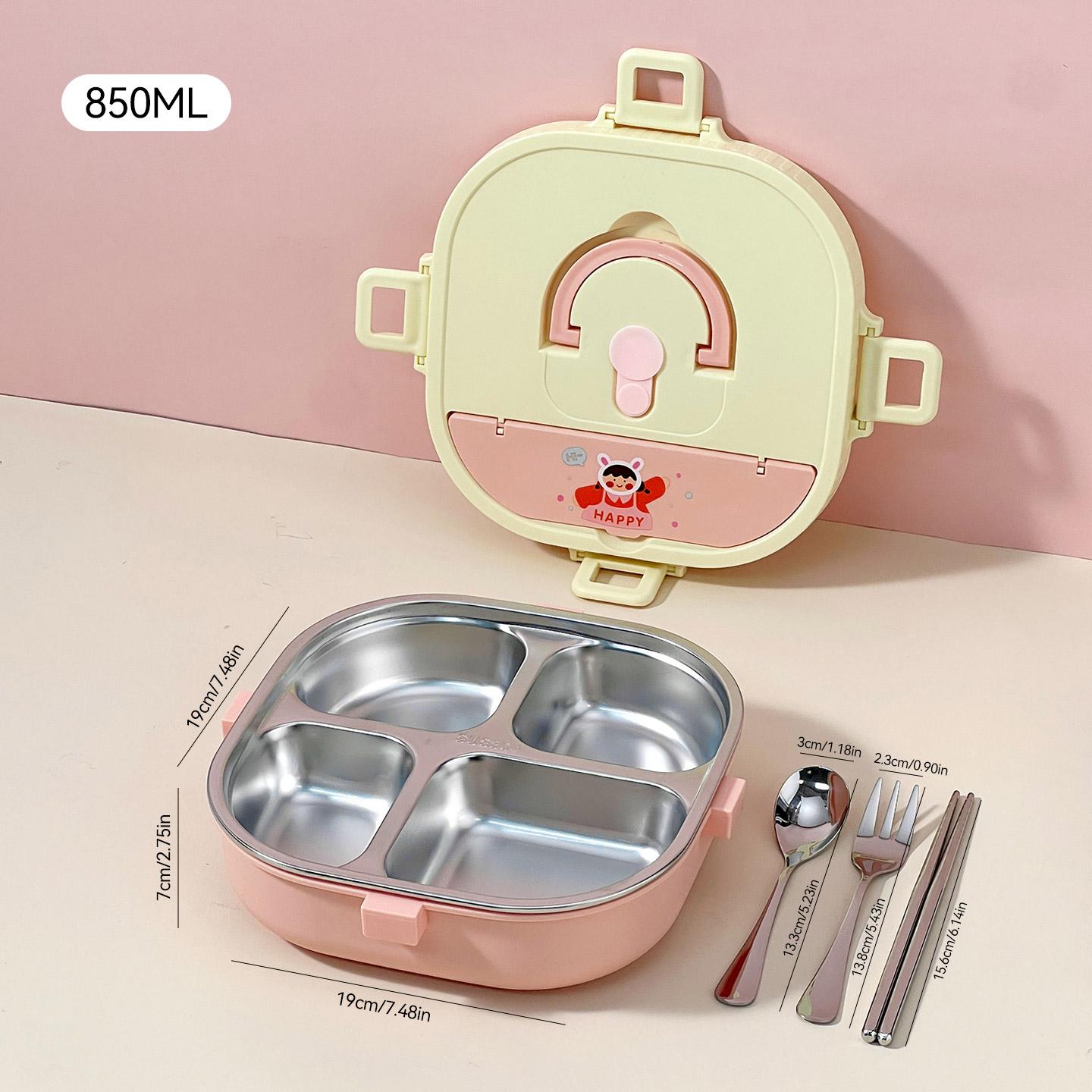 

3/4 Grid 304 Stainless Steel Divided Lunch Box With Tableware Kids Student Portable Cute Leak Proof Bento Box Microwave Heatable