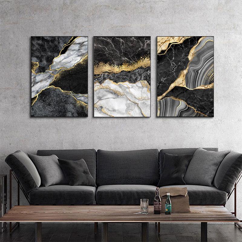 Abstract Wall Art Black White Canvas Painting  Marble Mosaic with Golden Veins Posters Prints Wall Picture for Living Room Decor