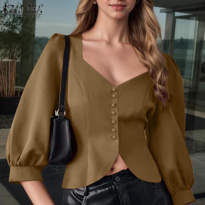 ZANZEA Damska codzienna elegancka bluzka z dekoltem w serce i rękawem 3/4