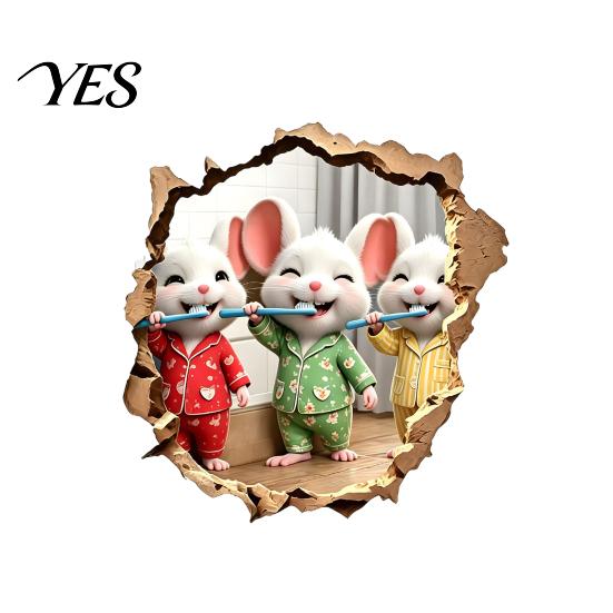 Removable Wall Sticker Brushing Teeth Mouse Sticker, 3D Effect Broken Pajama Peel Art And Stick Cartoon Decoration Decal for Home Bathroom Kids A