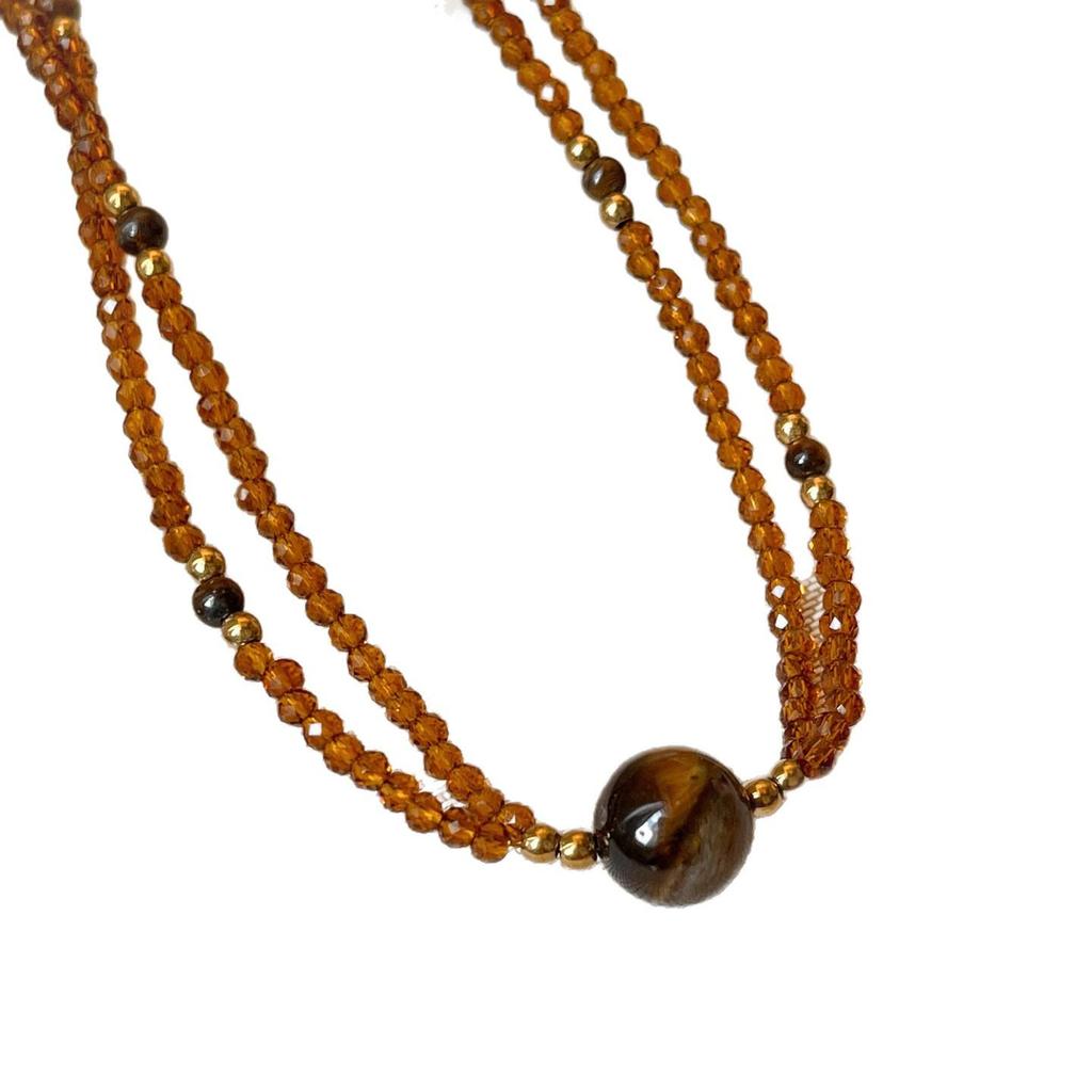 French Maillard Elegant Crystal Beaded Necklace - Tiger Eye Double Layer Choker with High-End Niche Luxury Feel