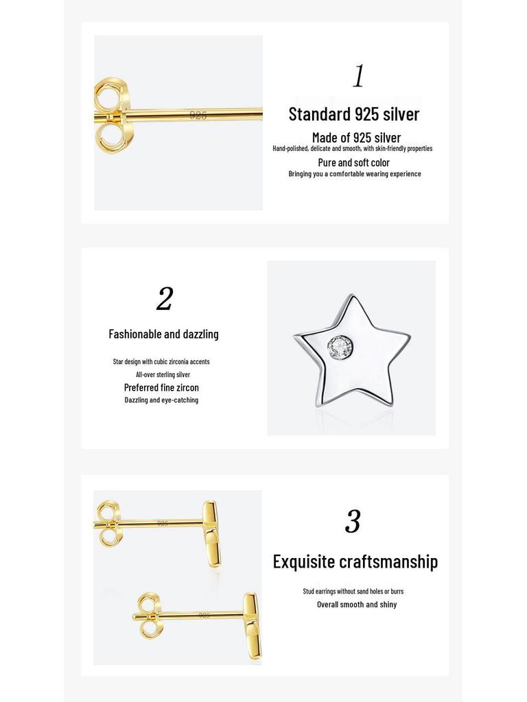 925 Sterling Silver Five-Pointed Star Stud Earrings: Women's Classic and Elegant Fashion Jewelry