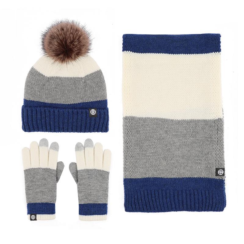 

Winter contrasting color hairball hat scarf gloves three-piece set wool warm thickened knitted hat three-piece set