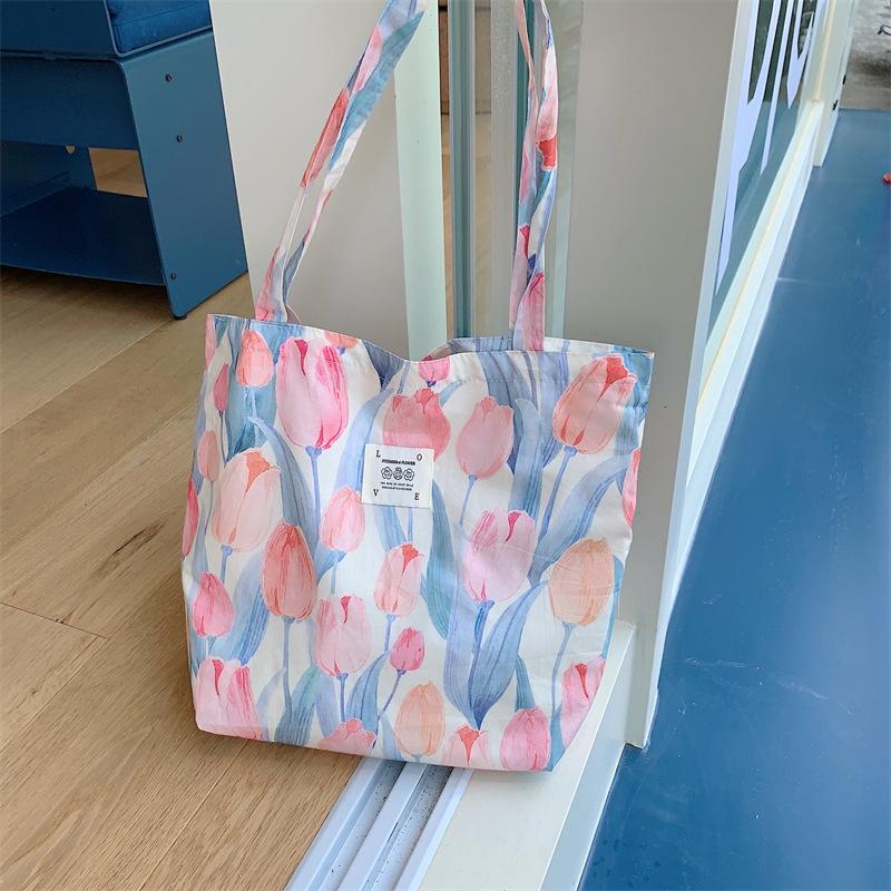 New tote bag large capacity foreign style floral canvas shoulder bag portable girl student shopping bag