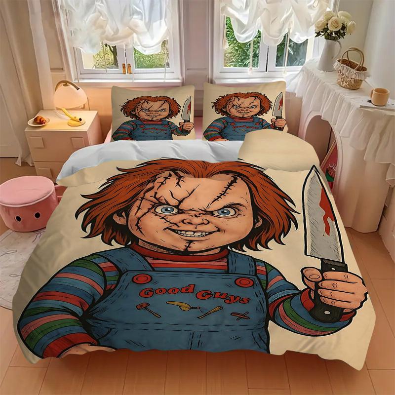 3-teiliges Chucky Vatertag Bedrucktes Steppdecken-Set - Enthält 1 Bettbezug und 2 Kissenbezüge, Maschinenwaschbar - Geeignet für alle Jahreszeiten.C020