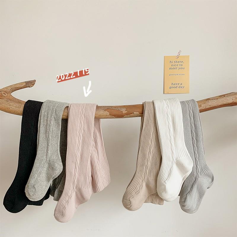 2024 Spring & Autumn Cable Knit Bow Leggings for Girls - Striped Tights with Open Crotch